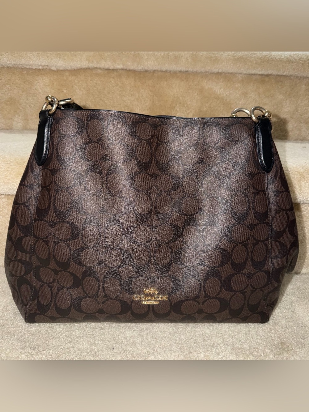Coach Hallie Shoulder Bag Signature Purse Canvas Leather Gold Brown Black F80298